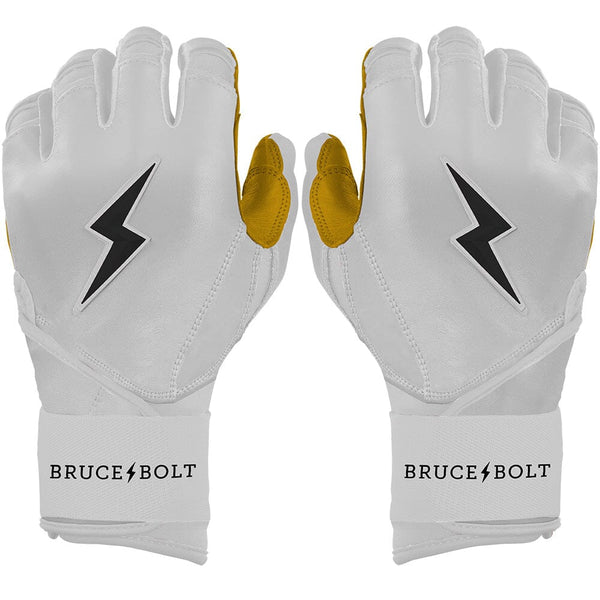 Bruce Bolt Youth Short Cuff Gold Palm Batting Gloves - White/Black, Advanced Fit, Made In USA